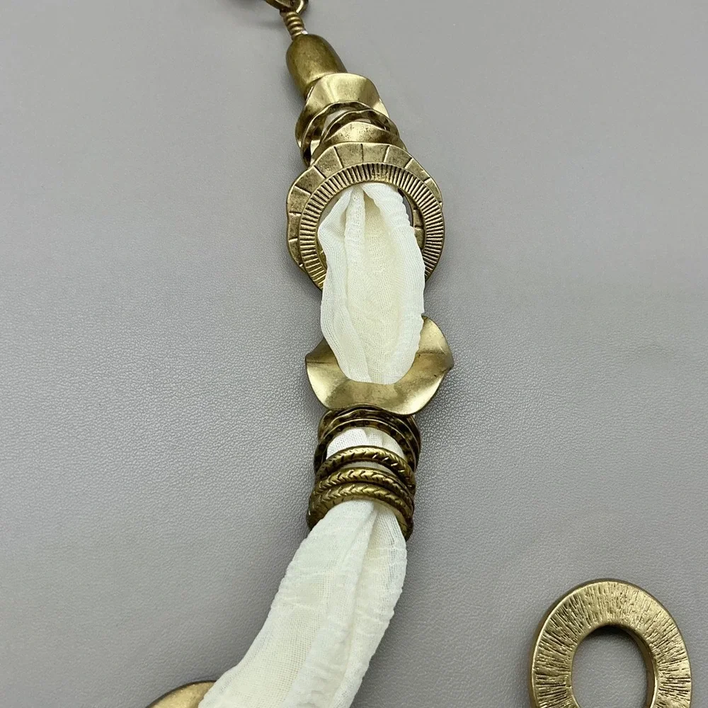 Chico's Belt Women Gold Tone White Fabric Chain Link Woven Medallion 44 Inches